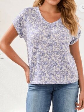 Tribal Jeans Wear 2 Ways Boat or Crew Neck Cap Sleeve Chinoiserie Top L NWT